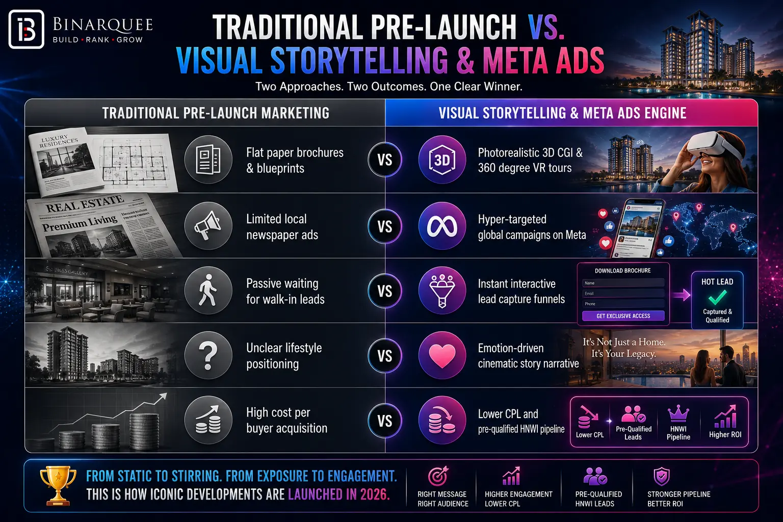 TRADITIONAL PRE-LAUNCH vs. VISUAL STORYTELLING & META ADS